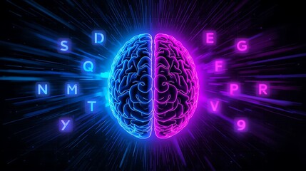Futuristic Neon Brain with Floating Data Symbols on Dark Background