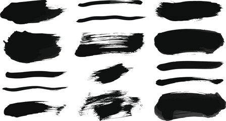 Various black paint graphic set, spray, brushstroke, drips, splashes, graffiti, lines, in dirty style. High quality, hand drawn, grunge graphic box. Ink splash stencil, brush stroke. Vector collection