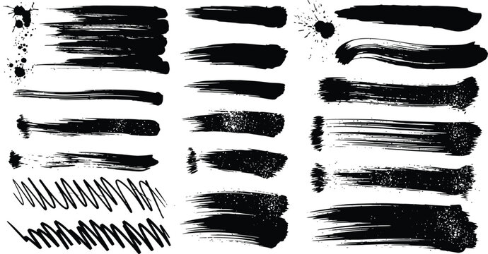 Various black paint graphic set, spray, brushstroke, drips, splashes, graffiti, lines, in dirty style. High quality, hand drawn, grunge graphic box. Ink splash stencil, brush stroke. Vector collection