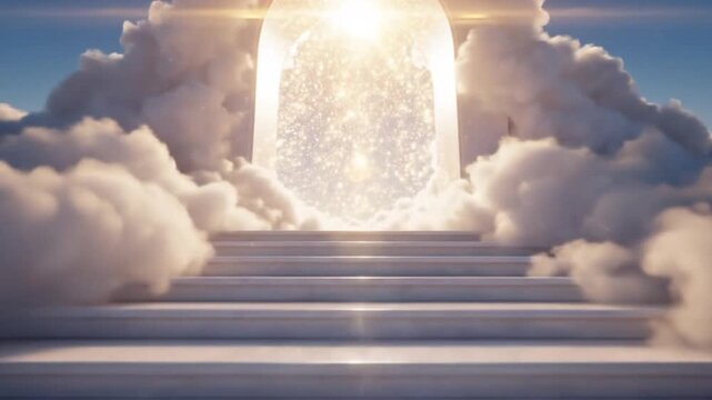 Marble stairs to golden heavenly gate through clouds, divine entrance, afterlife, paradise, spiritual ascension, religious journey background