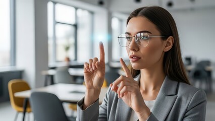 Businesswoman Interacting with Virtual Interface in a Modern Office