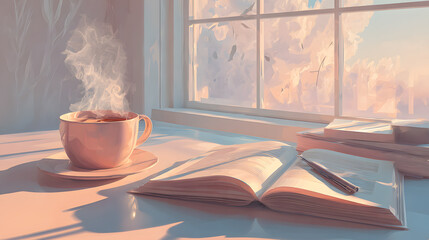 Digital Nomad Lifestyle minimalist morning routine with coffee, journal, and sunlight through window, pastel minimalistic illustration