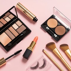 makeup products on pink background