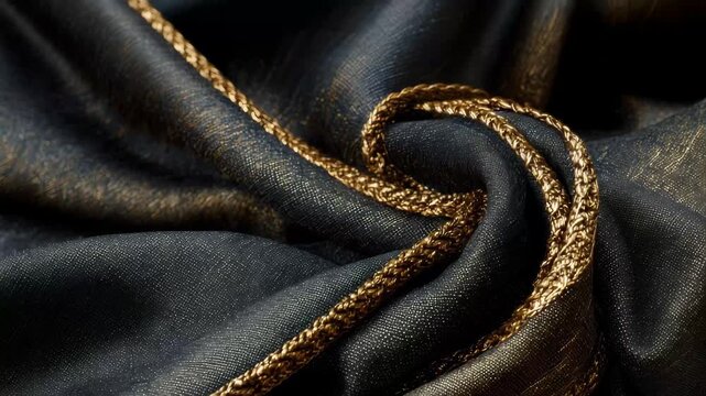 Close view of dark fabric with gold thread detail draped on a surface in a well-lit room