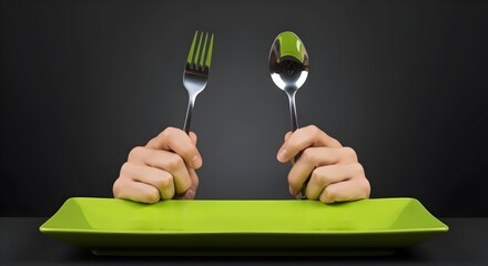 hand holding a fork and spoon on an empty green rectangular serving plate platter tray