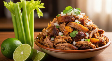 Tender shredded pork carnitas in a rustic bowl with crunchy celery and fresh lime wedges, a savory and healthy mexican inspired meal