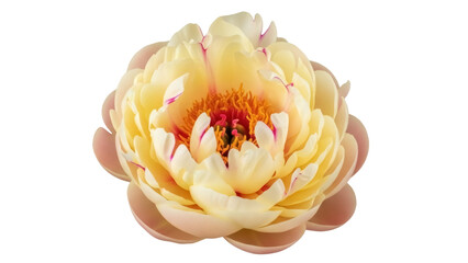 Creamy yellow peony flower PNG isolated on transparent background, delicate petals and vibrant orange center for floral design