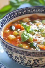 Minestrone soup with basil and cheese in decorative bowl