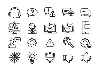 Collection of icons representing customer service and feedback on digital devices