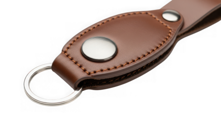 Closeup of a brown leather keychain with a metal snap button and key ring, isolated on transparent background