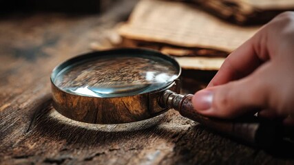 Magnifying glass rests on wooden table next to old papers showing details of common objects or text in a study or library setting