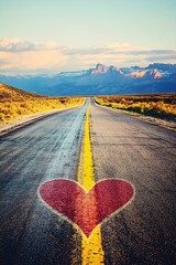 Heart painted on asphalt road leading to mountains