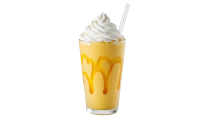 Delicious mango milkshake with whipped cream and straw isolated PNG, refreshing summer drink for dessert menus and beverage designs