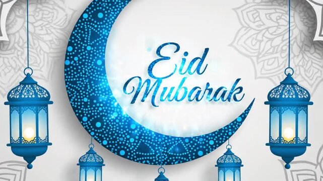 Blue Eid Mubarak calligraphy inside a sparkling crescent moon with hanging lanterns and mandala patterns. Ramadan Islamic Religious Background