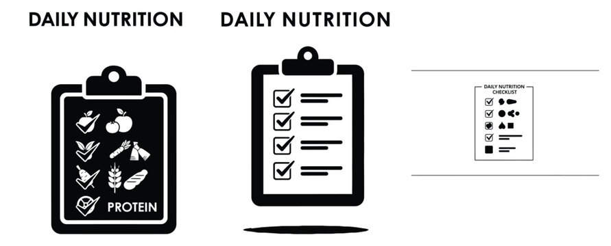 Black silhouette daily nutrition checklist modern vector icon set on transparent background