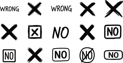 Hand drawn check tick mark icon set. x marks, checkboxes, and checklist symbols including right and wrong signs in brush marker style. © Stud