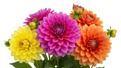 Fotobehang Dahlia Colorful dahlia flowers isolated PNG on transparent background, vibrant floral arrangement for design projects and creative compositions  © Matej