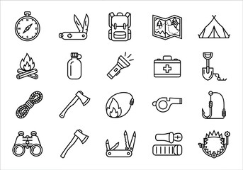 Fototapeta premium Outdoor adventure icons collection featuring camping, hiking, and survival elements in a minimalist line art style
