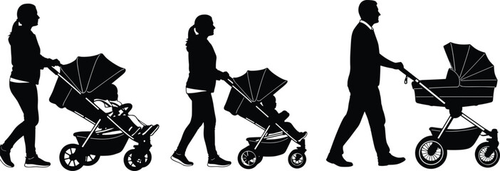 Adult stroller silhouette, parenting role diversity, baby carriage variation, black white vector, caregiving concept, family walk illustration art