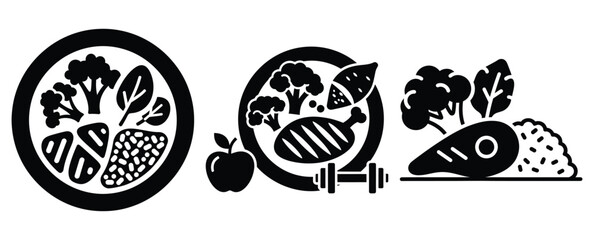 Black silhouette fitness diet meal modern vector icon set on transparent background