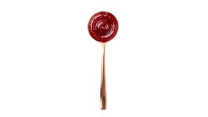 Spoon with red jam isolated PNG on transparent background, sweet fruit preserve for breakfast and dessert topping