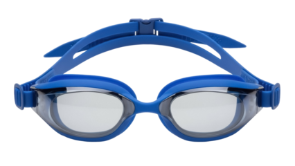 Blue swimming goggles isolated PNG on transparent background, clear lenses for pool or open water swimming, eye protection