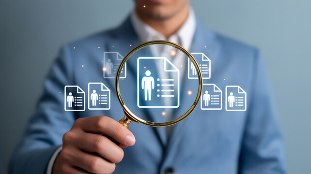 Sharp magnifying glass held by a recruiter examining profiles with potential candidate icon for a job or human resource opportunity in a modern office setting