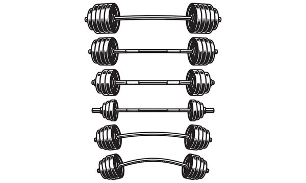 Set of vintage style barbell illustrations. Heavy weightlifting gym equipment vector collection