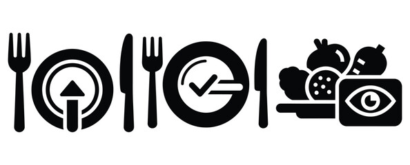 Black silhouette food intake monitoring modern vector icon set on transparent background