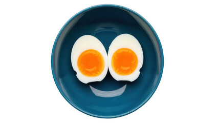 Two soft boiled eggs on a blue plate isolated PNG, breakfast food with runny yolk on transparent background, healthy eating concept