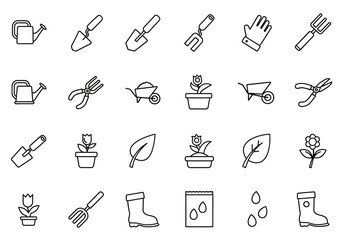 Gardening icons collection featuring various tools and plants in a minimalist design style