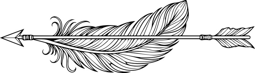 Vintage arrow and feather illustration for rustic designs, symbolizing adventure, travel, and historical inspiration with classic line work and timeless appeal © Vectors Studio
