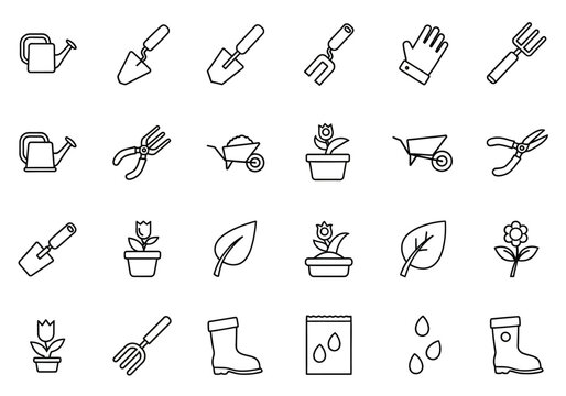 Gardening icons collection featuring various tools and plants in a minimalist design style