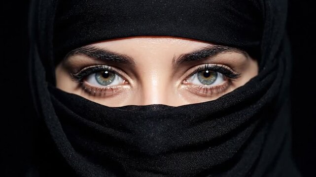 Closeup of a woman expressive green eyes looking directly at the camera, framed by a black niqab against a dark background. Ramadan Islamic Religious Background