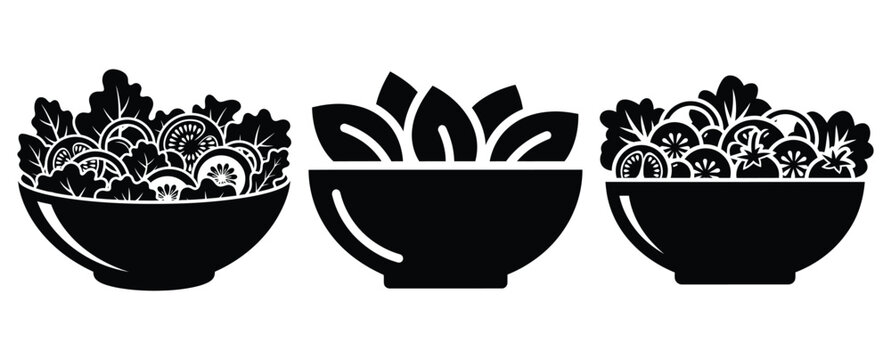 Black silhouette fresh salad bowl modern vector icon set on transparent background