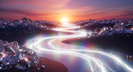 Fantasy Landscape with a Glowing Winding River and Sparkling Diamond Crystal Formations at Sunset