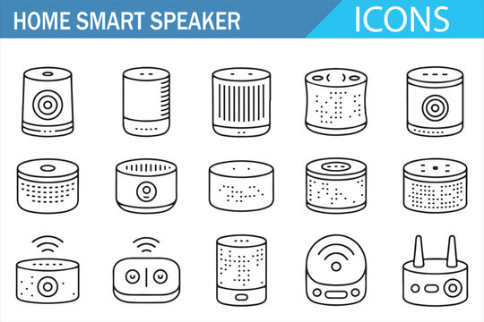Smart speaker line icons showing voice controlled home audio devices