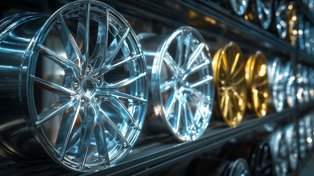 Metallic alloy wheels arranged in a row on a display rack, symmetrical composition with crisp reflections