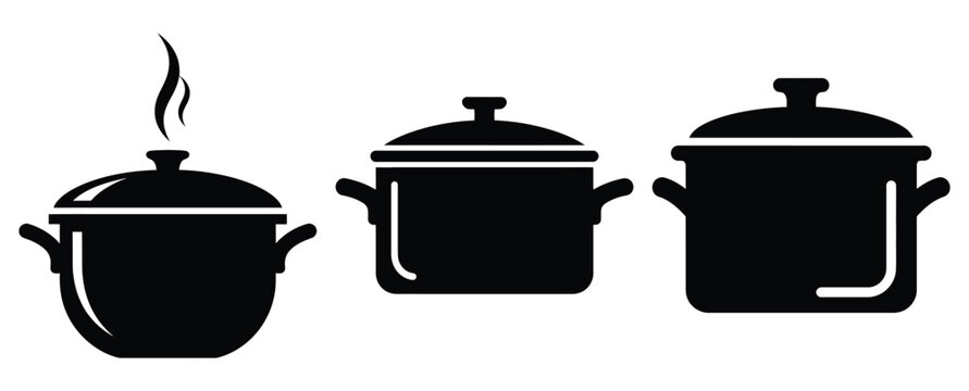 Black silhouette healthy cooking pot modern vector icon set on transparent background