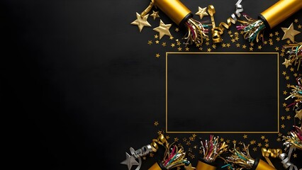 Festive New Year 2026 celebration background with golden confetti poppers, stars, streamers, and copy space frame on a black surface. Ideal for greetings and party invitations.