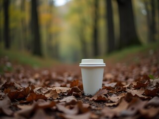 Pollution environment litter disposable cup in autumn forest
