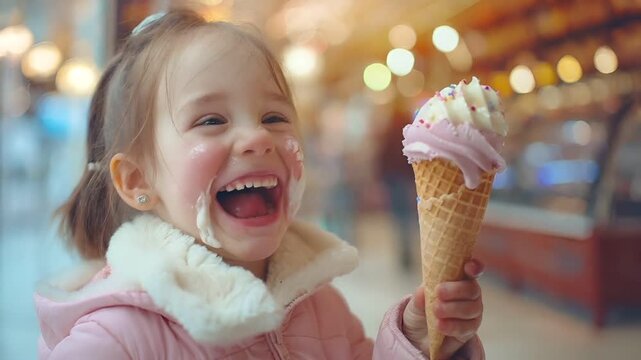 A candid shot of a young girl joyfully eating an ice cream cone in a brightly lit indoor setting, possibly a shopping mall. The girl is wearing a pink jacket with a fluffy white collar.