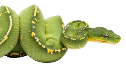 Emerald tree boa PNG isolated on transparent background, green snake with yellow markings, exotic pet for wildlife and nature designs