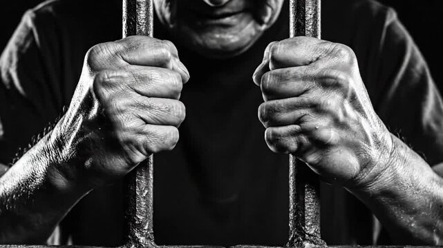 Man gripping prison bars in black and white, intense emotion, confinement concept, Ramadan Islamic Religious Background