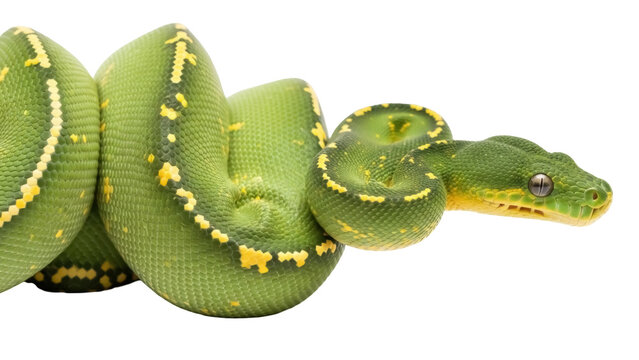 Emerald tree boa PNG isolated on transparent background, green snake with yellow markings, exotic pet for wildlife and nature designs