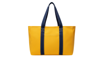 Yellow tote bag with blue handles isolated PNG, stylish reusable shopping bag for groceries and everyday essentials on transparent background