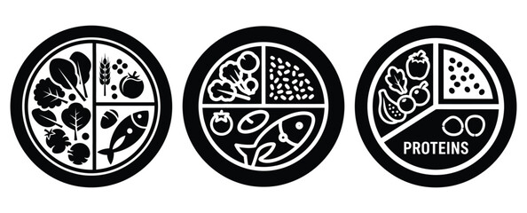 Naklejka premium Black silhouette healthy plate portions modern vector icon set on transparent background