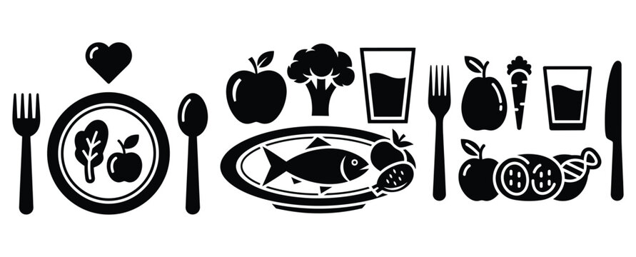 Black silhouette healthy nutrition routine modern vector icon set on transparent background