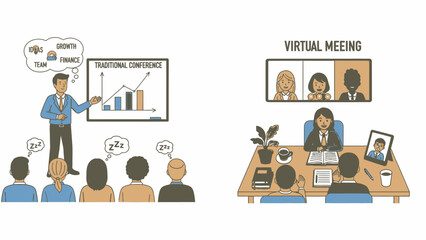 Traditional Versus Virtual Meeting Comparison Illustration Concept