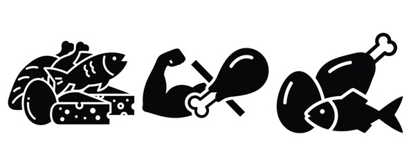 Black silhouette high protein diet modern vector icon set on transparent background